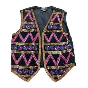 Jakelin Designs Silk Sequin Beaded Vest Womens L Black Gold Purple Pink Vintage